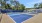 Tennis court with blue and white details