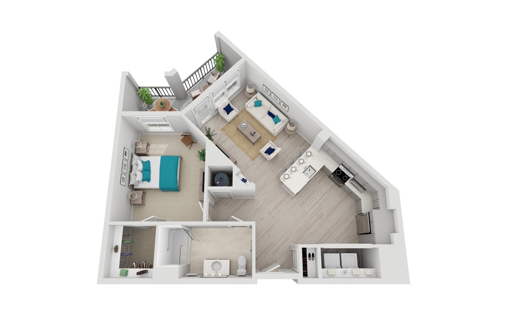 A1-A - 1 bedroom floorplan layout with 1 bathroom and 890 square feet (2D)