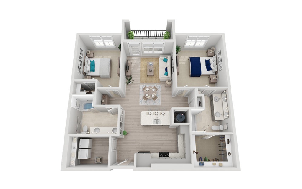 B1-A - 2 bedroom floorplan layout with 2 baths and 1200 square feet. (2D)