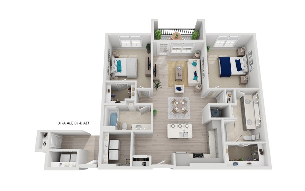 B1-B - 2 bedroom floorplan layout with 2 baths and 1200 square feet.