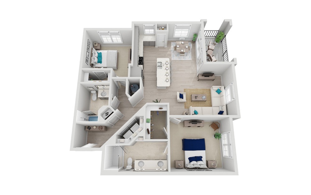 B2 - 2 bedroom floorplan layout with 2 baths and 1238 square feet. (2D)