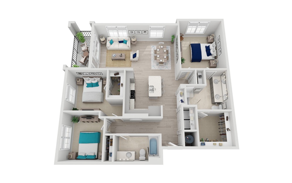 C1-A - 3 bedroom floorplan layout with 2 baths and 1446 square feet. (2D)