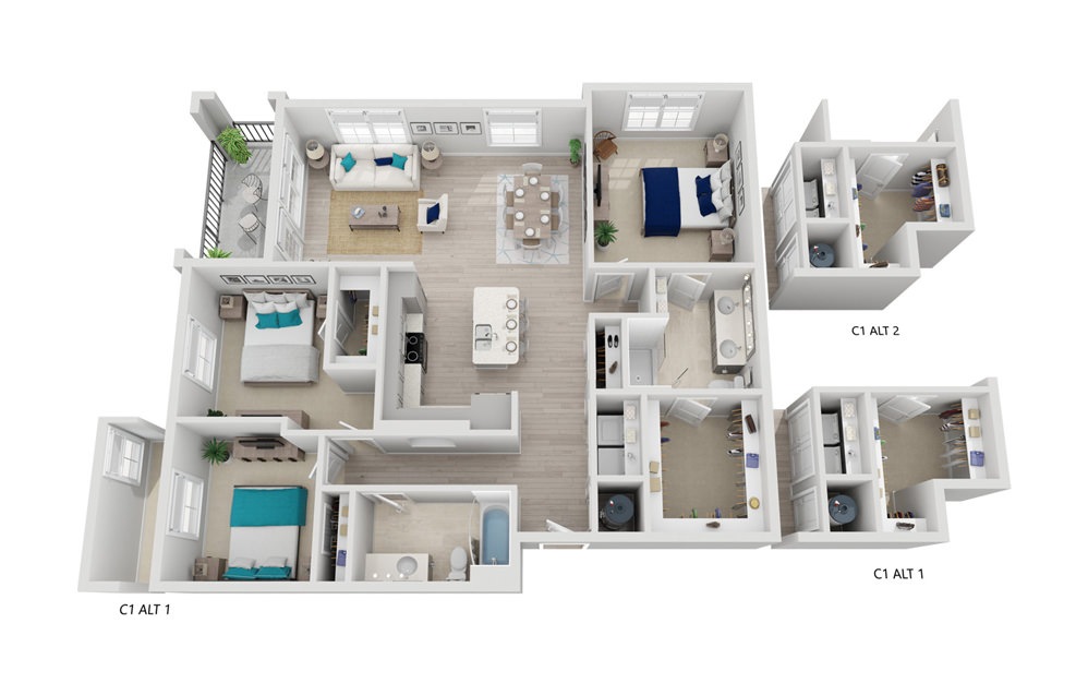 C1-B+C - 3 bedroom floorplan layout with 2 baths and 1446 square feet. (2D)