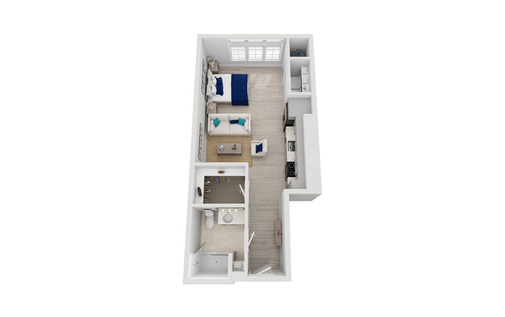 S1 - Studio floorplan layout with 1 bathroom and 596 square feet