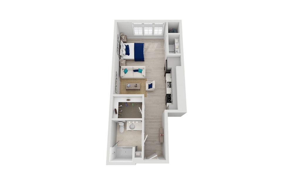 S1 - Studio floorplan layout with 1 bath and 596 square feet.
